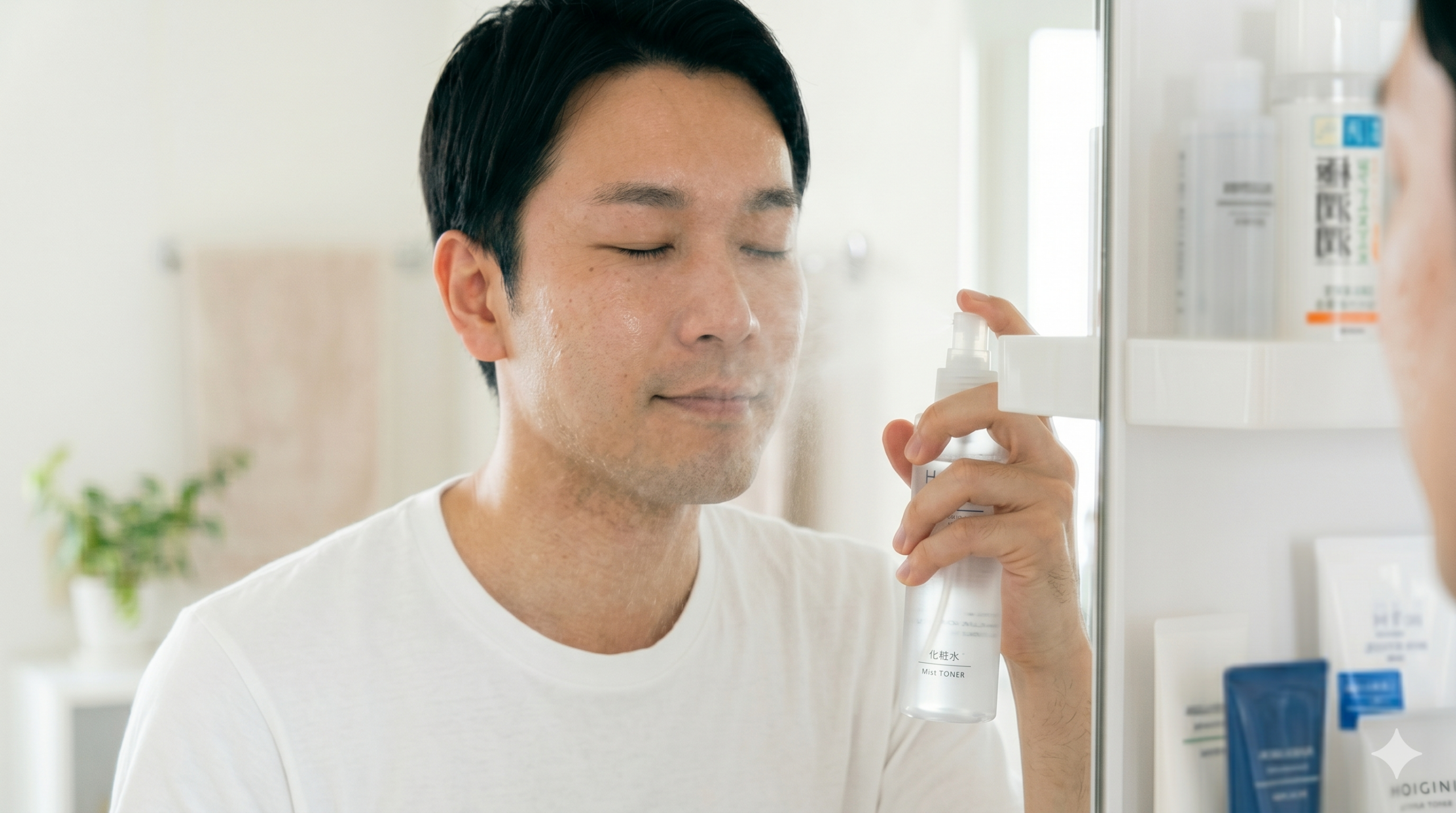 無印良品の化粧水を顔に吹きかけている